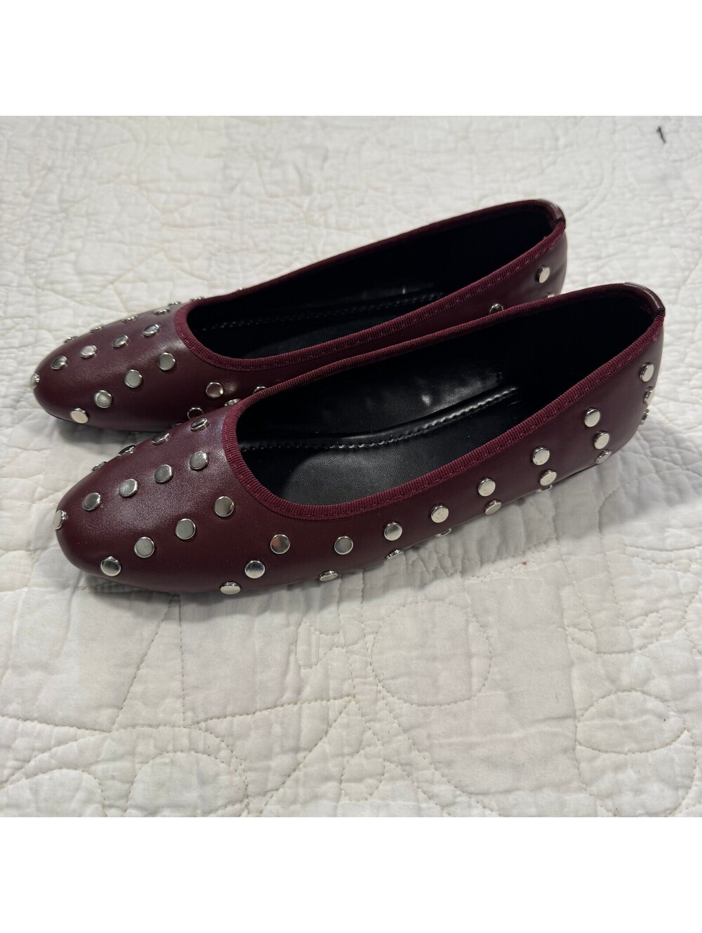 Burgundy Leather Ballerina Flats with Silver Tone Stud Embellishments Size 9